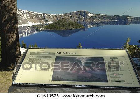 Stock Photography -  Crater Lake National Park, OR, Oregon, Cascade Range, Volcanic Legacy Scenic Byway, Rim Drive, Wizard Island, overlook, interpretive sign. Fotosearch