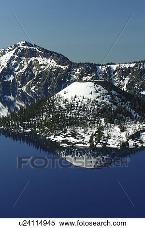 Stock Photography -  Crater Lake National Park, OR, Oregon, Cascade Range, Volcanic Legacy Scenic Byway from Rim Drive, Wizard Island. Fotosearch