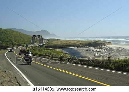 Stock Photography -  Florence, OR, Oregon, Pacific Ocean, Pacific Coast Scenic Byway, Rt Route, Highway 101, Roosevelt Beach, Big Creek Bridge. Fotosearch