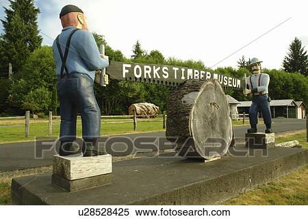 Stock Photography -  Forks, WA, Washington, Pacific Ocean, Olympic Peninsula, Forks Timber Museum, lumberjacks sawing wood statue. Fotosearch