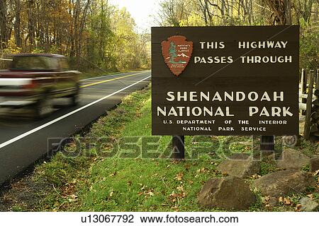 Stock Image -  Front Royal, VA, Virginia, Shenandoah Valley, Shenandoah National Park, Route 33, entrance, road sign. Fotosearch