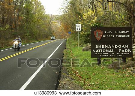 Stock Image -  Front Royal, VA, Virginia, Shenandoah Valley, Shenandoah National Park, Route 33, entrance, road sign. Fotosearch