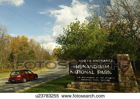 Stock Photography -  Front Royal, VA, Virginia, Shenandoah Valley, Shenandoah National Park, Skyline Drive, North Entrance, sign. Fotosearch