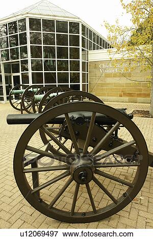 Stock Photo -  GA, Georgia, Chickamauga & Chattanooga National Military Park, Chickamauga Battlefield Visitor Center, cannons. Fotosearch