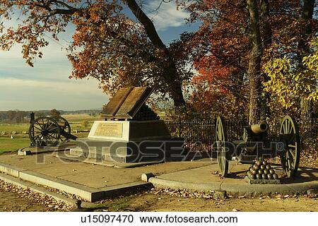 Stock Image -  Gettysburg, PA, Pennsylvania, Gettysburg National Military Park, Open Book Monument, High Water Mark. Fotosearch