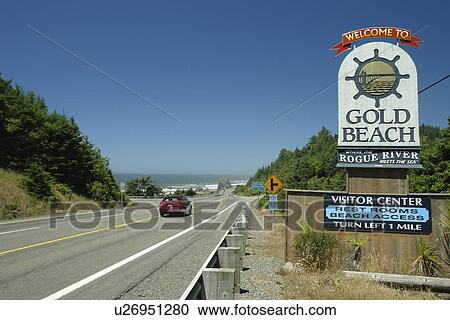 Gold Beach, OR, Oregon, Pacific Ocean, Pacific Coast Scenic Byway, Rt Route, Highway 101, welcome sign View Large Photo Image Stock Image - Gold Beach, OR, Oregon, Pacific Ocean, Pacific Coast Scenic Byway, Rt Route, Highway 101, welcome sign. Fotosearch