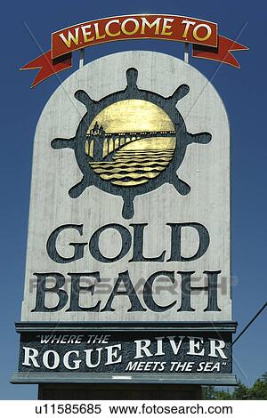 Stock Photography -  Gold Beach, OR, Oregon, Pacific Ocean, Pacific Coast Scenic Byway, Rt Route, Highway 101, welcome sign. Fotosearch