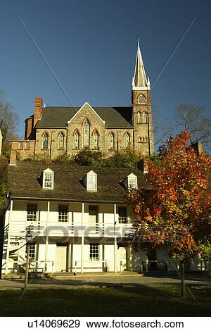 Stock Photo -  Harpers Ferry, WV, West Virginia, Historic Downtown, National Historical Park, St Peter's Roman Catholic Church. Fotosearch