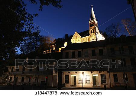 Stock Photo -  Harpers Ferry, WV, West Virginia, Historic Downtown, St Peter's Roman Catholic Church, evening . Fotosearch