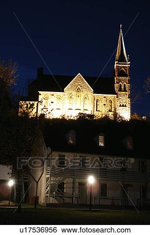 Stock Photograph -  Harpers Ferry, WV, West Virginia, Historic Downtown, St Peter's Roman Catholic Church, evening . Fotosearch
