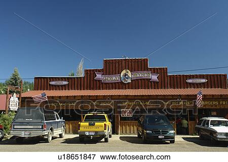 Stock Photo -  Idaho City, ID, Idaho, Ponderosa Pine Scenic Byway, Gold Mining Town, Gold Mine Restaurant. Fotosearch