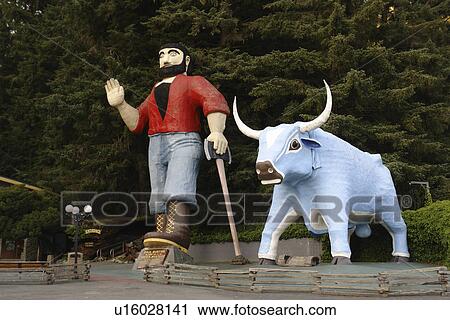 Stock Image -  Klamath, CA, California, Pacific Ocean, Trees of Mystery, Paul Bunyan and Babe the Blue Ox giant statue. Fotosearch
