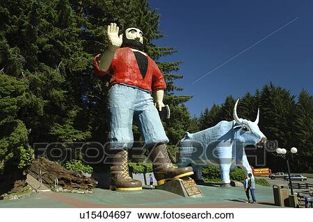 Stock Photo -  Klamath, CA, California, Pacific Ocean, Trees of Mystery, Paul Bunyan and Babe the Blue Ox giant statue. Fotosearch