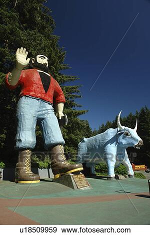 Stock Photo -  Klamath, CA, California, Pacific Ocean, Trees of Mystery, Paul Bunyan and Babe the Blue Ox giant statue. Fotosearch