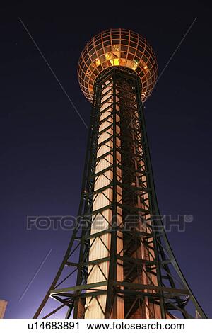 Stock Image -  Knoxville, TN, Tennessee, Downtown, 1982 World's Fair Sunsphere, evening. Fotosearch