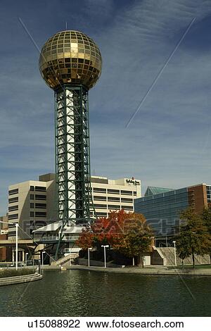 Stock Image -  Knoxville, TN, Tennessee, Downtown, Worlds Fair Park, 1982 World's Fair Sunsphere, autumn. Fotosearch