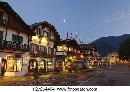 Leavenworth, WA, Washington, Bavarian Alpine Village, evening View Large Photo Image Picture - Leavenworth, WA, Washington, Bavarian Alpine Village, evening. Fotosearch
