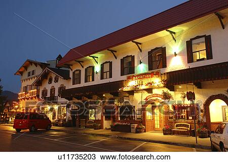 Stock Image -  Leavenworth, WA, Washington, Bavarian Alpine Village, evening. Fotosearch