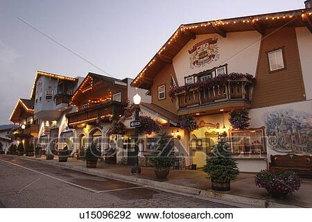 Stock Image -  Leavenworth, WA, Washington, Bavarian Alpine Village, evening. Fotosearch