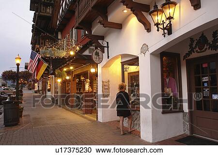 Stock Image -  Leavenworth, WA, Washington, Bavarian Alpine Village, evening. Fotosearch