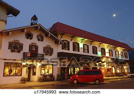 Leavenworth, WA, Washington, Bavarian Alpine Village, The Bavarian Ritz Hotel, evening View Large Photo Image Stock Image - Leavenworth, WA, Washington, Bavarian Alpine Village, The Bavarian Ritz Hotel, evening. Fotosearch