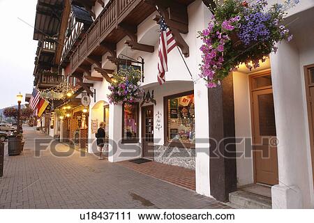 Stock Image -  Leavenworth, WA, Washington, Bavarian Alpine Village, evening. Fotosearch