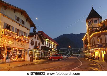 Stock Image -  Leavenworth, WA, Washington, Bavarian Alpine Village, evening. Fotosearch