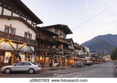 Stock Image -  Leavenworth, WA, Washington, Bavarian Alpine Village, evening. Fotosearch