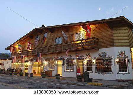 Leavenworth, WA, Washington, Bavarian Alpine Village, evening View Large Photo Image Stock Photo - Leavenworth, WA, Washington, Bavarian Alpine Village, evening. Fotosearch