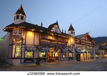 Leavenworth, WA, Washington, Bavarian Alpine Village, evening View Large Photo Image Stock Photo - Leavenworth, WA, Washington, Bavarian Alpine Village, evening. Fotosearch