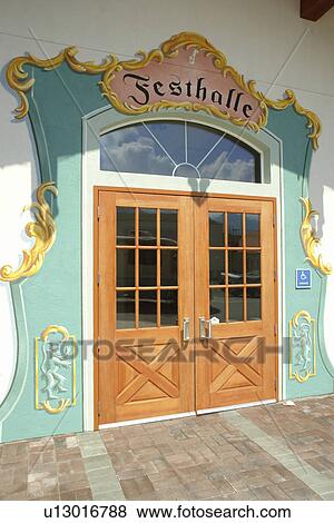 Stock Photo -  Leavenworth, WA, Washington, Bavarian Alpine Village, Festhalle, fresco, wall mural. Fotosearch