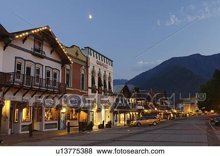 Leavenworth, WA, Washington, Bavarian Alpine Village, evening View Large Photo Image Stock Photo - Leavenworth, WA, Washington, Bavarian Alpine Village, evening. Fotosearch