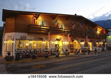 Stock Photo -  Leavenworth, WA, Washington, Bavarian Alpine Village, evening. Fotosearch