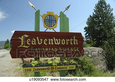 Leavenworth, WA, Washington, Bavarian Alpine Village, welcome, entrance sign View Large Photo Image Stock Photo - Leavenworth, WA, Washington, Bavarian Alpine Village, welcome, entrance sign. Fotosearch