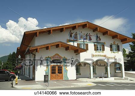 Stock Photograph -  Leavenworth, WA, Washington, Bavarian Alpine Village, Festhalle, fresco, wall mural. Fotosearch