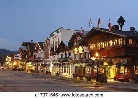 Stock Photograph -  Leavenworth, WA, Washington, Bavarian Alpine Village, evening. Fotosearch