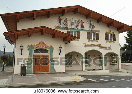 Leavenworth, WA, Washington, Bavarian Alpine Village, Festhalle, fresco, wall mural View Large Photo Image Stock Photograph - Leavenworth, WA, Washington, Bavarian Alpine Village, Festhalle, fresco, wall mural. Fotosearch