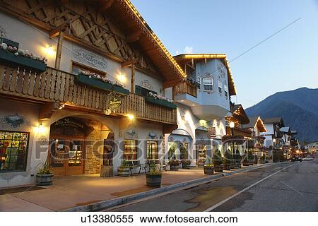 Stock Photography -  Leavenworth, WA, Washington, Bavarian Alpine Village, evening. Fotosearch