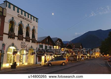 Leavenworth, WA, Washington, Bavarian Alpine Village, evening View Large Photo Image Stock Photography - Leavenworth, WA, Washington, Bavarian Alpine Village, evening. Fotosearch