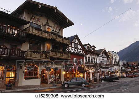 Stock Photography -  Leavenworth, WA, Washington, Bavarian Alpine Village, evening. Fotosearch