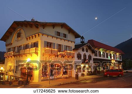 Leavenworth, WA, Washington, Bavarian Alpine Village, evening View Large Photo Image Stock Photography - Leavenworth, WA, Washington, Bavarian Alpine Village, evening. Fotosearch