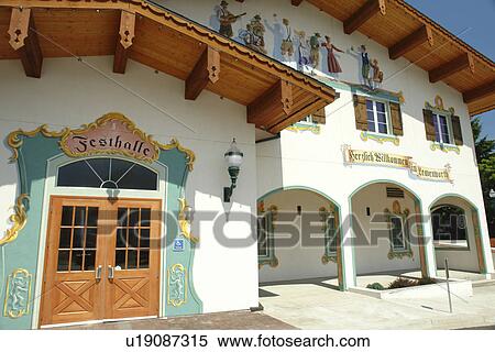 Stock Photography -  Leavenworth, WA, Washington, Bavarian Alpine Village, Festhalle, fresco, wall mural. Fotosearch