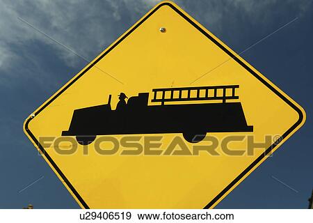Stock Photo -  MD, Maryland, Emergency Vehicles Entering Highway sign, fire station ahead, warning sign. Fotosearch