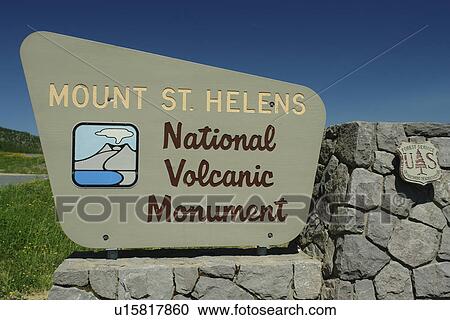 Stock Image -  Mount St. Helens National Volcanic Monument, WA, Washington, entrance sign. Fotosearch