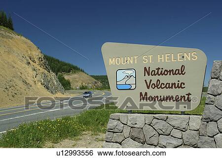 Stock Photograph -  Mount St. Helens National Volcanic Monument, WA, Washington, entrance sign. Fotosearch
