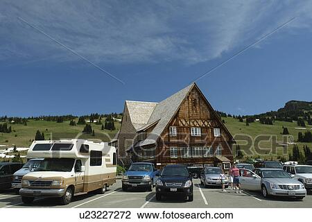Stock Image -  Mt. Rainier National Park, WA, Washington, Mount Rainier, Sunrise Day Lodge, Visitor Center, parking lot. Fotosearch
