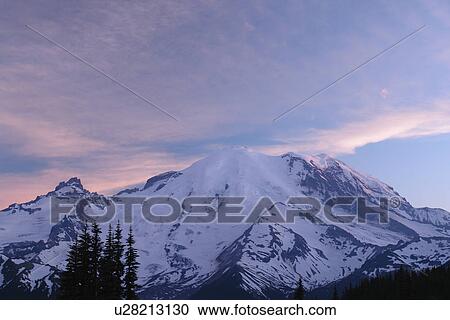 Stock Image -  Mt. Rainier National Park, WA, Washington, Mount Rainier, Sunrise, sunset. Fotosearch