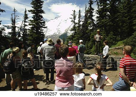 Stock Photo -  Mt. Rainier National Park, WA, Washington, Mount Rainier, Sunrise, Ranger Talk. Fotosearch