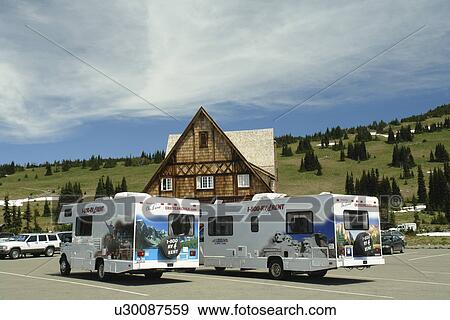 Mt. Rainier National Park, WA, Washington, Mount Rainier, Sunrise Day Lodge, Visitor Center, parking lot View Large Photo Image Stock Photo - Mt. Rainier National Park, WA, Washington, Mount Rainier, Sunrise Day Lodge, Visitor Center, parking lot. Fotosearch