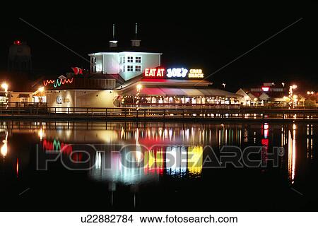 Picture -  Myrtle Beach, SC, South Carolina, The Grand Strand, Eat at Joe's Crab Shack, evening, water reflection. Fotosearch